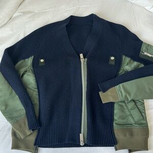 Sacai navy wool and army green nylon cardigan